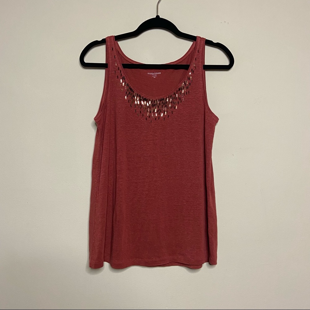 Eileen Fisher 100% Linen Jersey Sequin Embellished Scoop Neck Tank Top